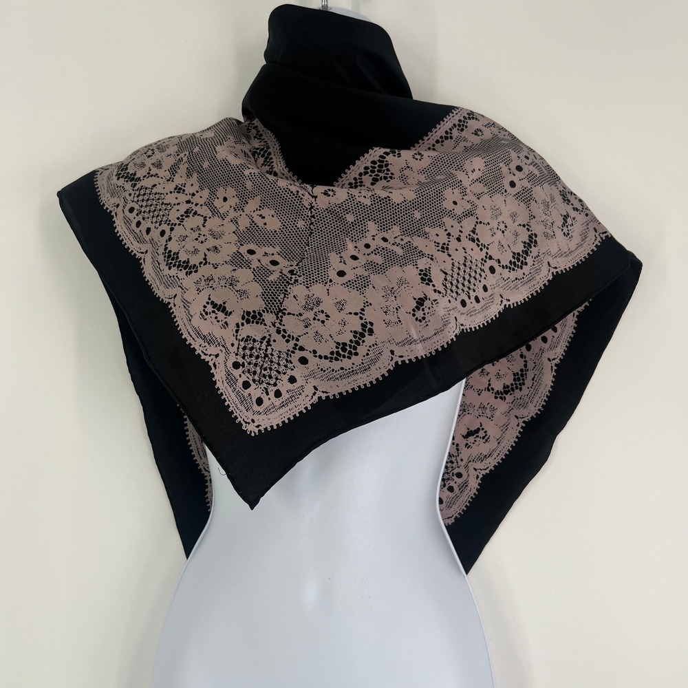 Lanvin Paris Silk Square Scarf Black Pink Floral Lace Print Hand Rolled - Picture 3 of 12